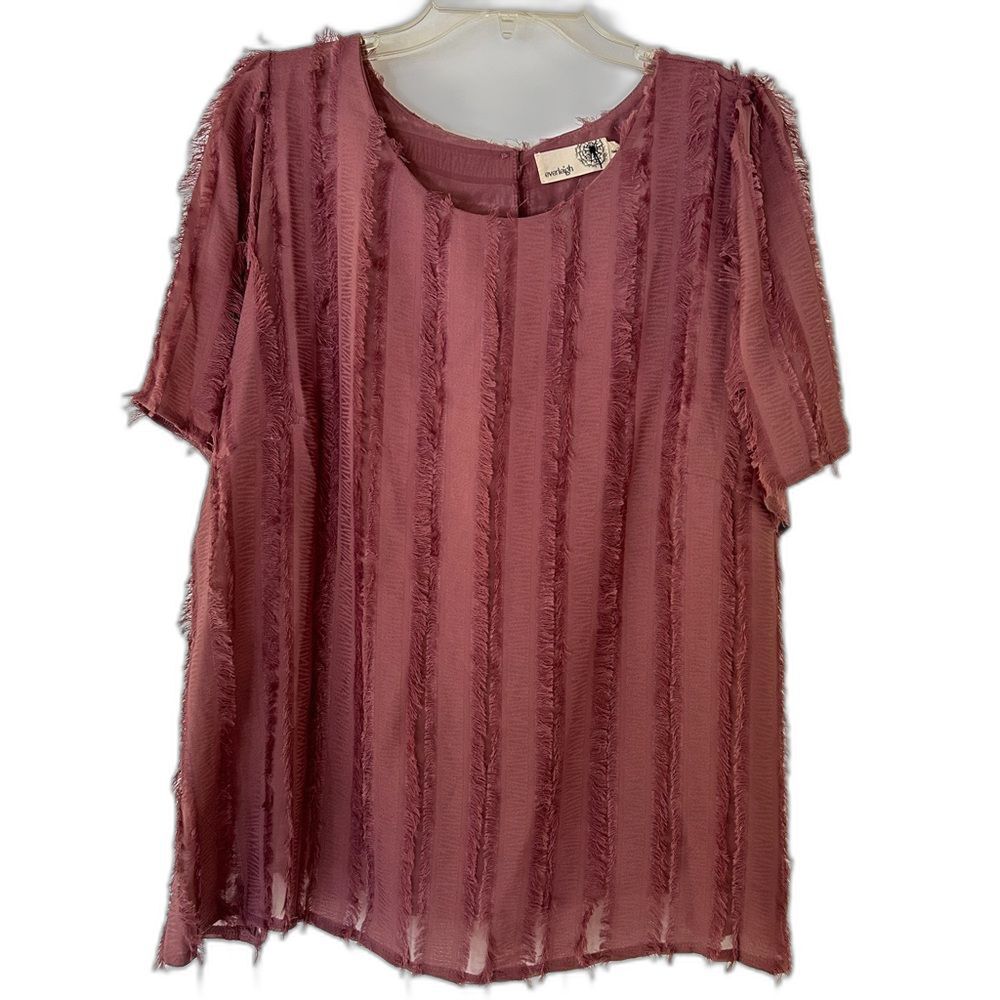 Everleigh women’s mauve fringe shadow stripe short sleeve pullover blouse new 1X